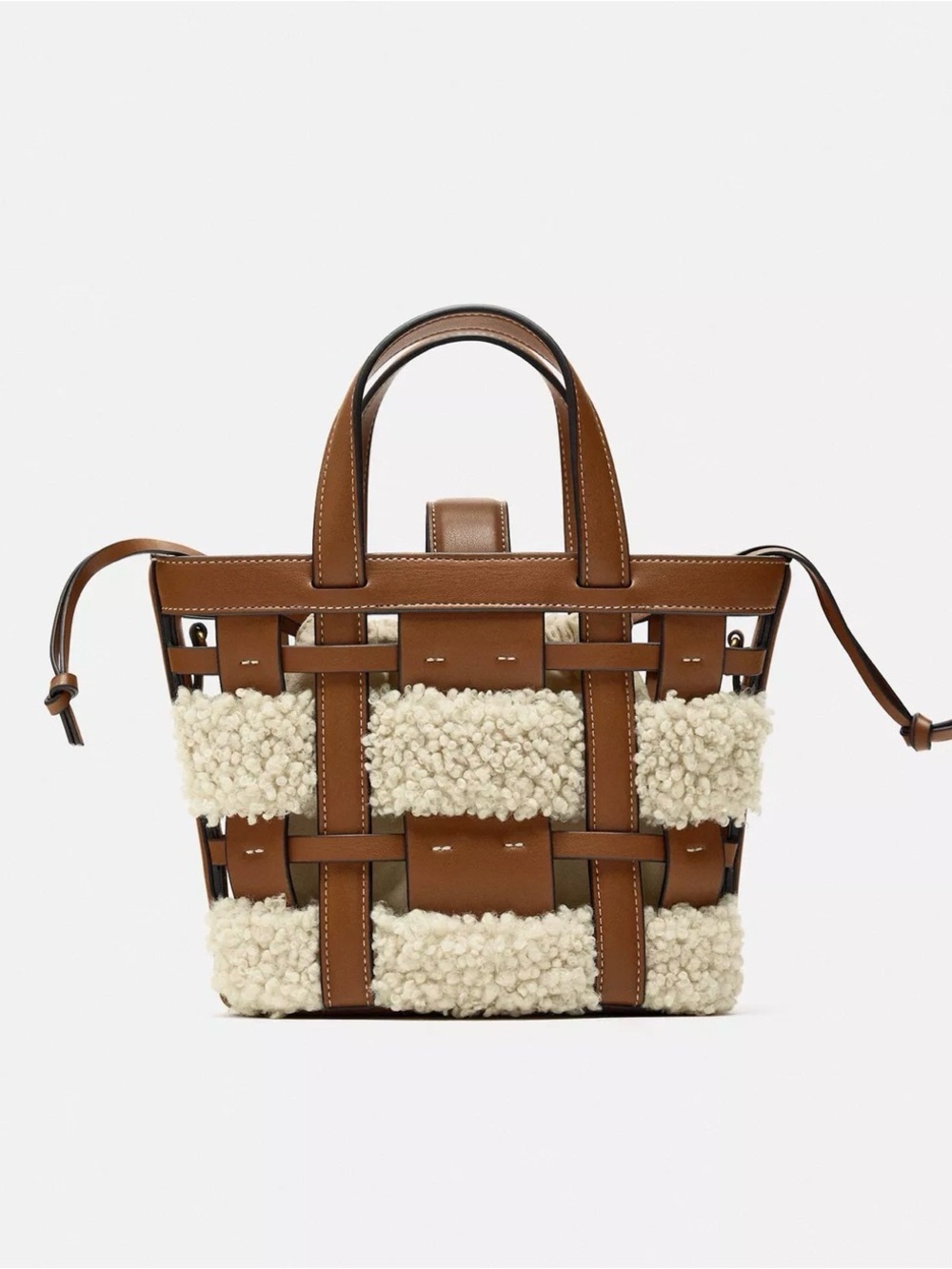 Zara Brown Leather & Cream Shearling Woven Tote